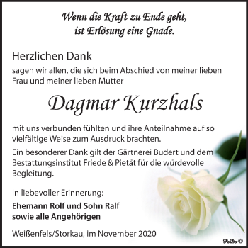 Traueranzeige von Dagmar Kurzhals von Wochenspiegel Weißenfels