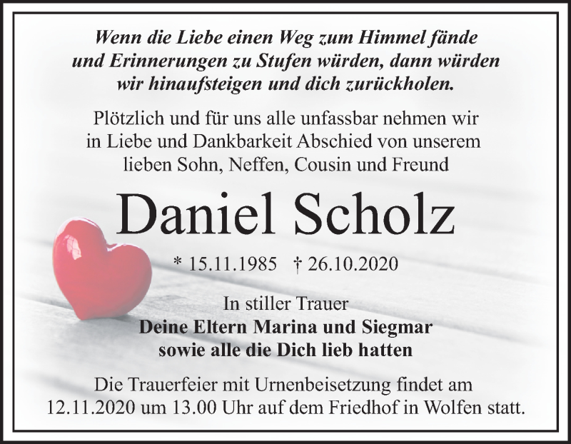  Traueranzeige für Daniel Scholz vom 04.11.2020 aus Wochenspiegel Bitterfeld