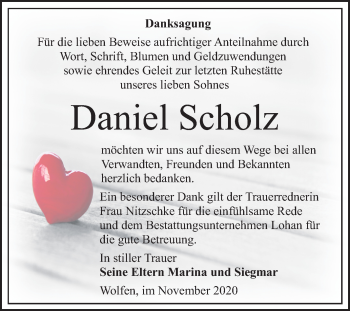 Traueranzeige von Daniel Scholz von Mitteldeutsche Zeitung Bitterfeld