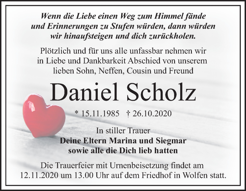  Traueranzeige für Daniel Scholz vom 07.11.2020 aus Mitteldeutsche Zeitung Bitterfeld