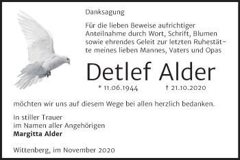 Traueranzeige von Detlef Alder von Super Sonntag Wittenberg