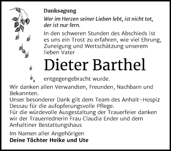Traueranzeige von Dieter Barthel von Super Sonntag Dessau-Roßlau