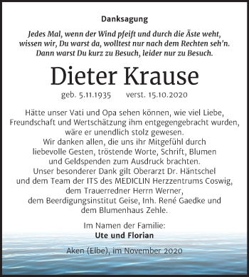 Traueranzeige von Dieter Krause von Mitteldeutsche Zeitung Köthen