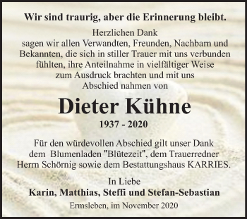 Traueranzeige von Dieter Kühne von Mitteldeutsche Zeitung Quedlinburg