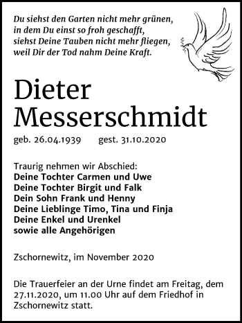 Traueranzeige von Dieter Messerschmidt von Super Sonntag Wittenberg