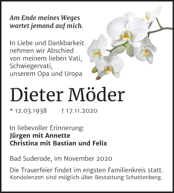 Traueranzeige von Dieter Möder von Super Sonntag Quedlinburg