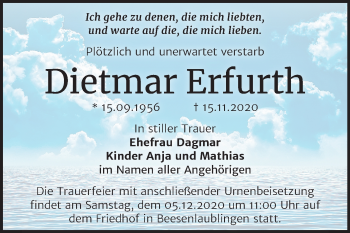 Traueranzeige von Dietmar Erfurth von Super Sonntag Bernburg