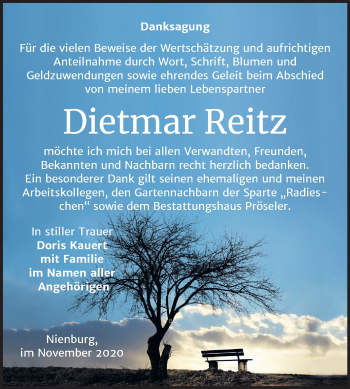 Traueranzeige von Dietmar Reitz von Mitteldeutsche Zeitung Bernburg