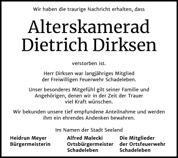 Traueranzeige von Dietrich Dirksen von Wochenspiegel Aschersleben