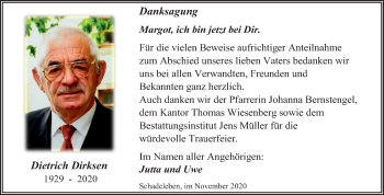 Traueranzeige von Dietrich Dirksen von Mitteldeutsche Zeitung Aschersleben