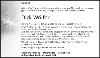 Traueranzeige von Dirk Wölfer von Mitteldeutsche Zeitung Mansfelder Land / Quedlinburg