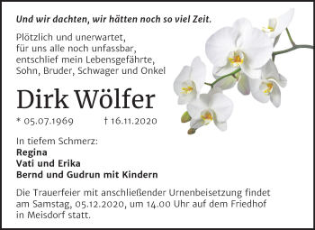 Traueranzeige von Dirk Wölfer von Wochenspiegel Quedlinburg