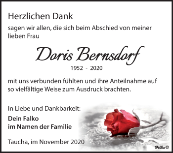 Traueranzeige von Doris Bernsdorf von Mitteldeutsche Zeitung Weißenfels