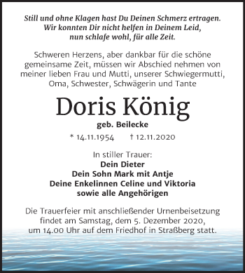Traueranzeige von Doris König von Mitteldeutsche Zeitung Quedlinburg