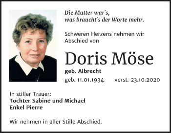 Traueranzeige von Doris Möse von Mitteldeutsche Zeitung Weißenfels