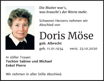 Traueranzeige von Doris Möse von Wochenspiegel Weißenfels