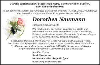 Traueranzeige von Dorothea Naumann von Super Sonntag Quedlinburg