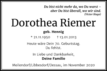 Traueranzeige von Dorothea Riemer von Mitteldeutsche Zeitung Köthen