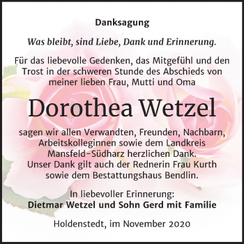 Traueranzeige von Dorothea Wetzel von Super Sonntag Sangerhausen
