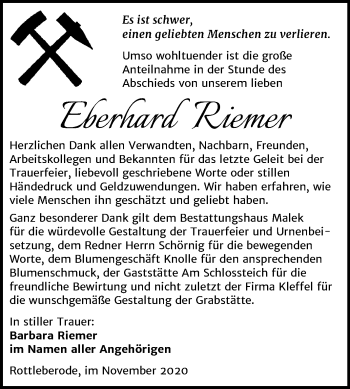 Traueranzeige von Eberhard Riemer von Super Sonntag Sangerhausen