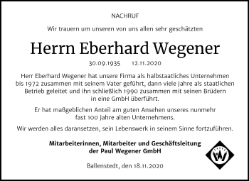 Traueranzeige von Eberhard Wegener von Mitteldeutsche Zeitung Quedlinburg