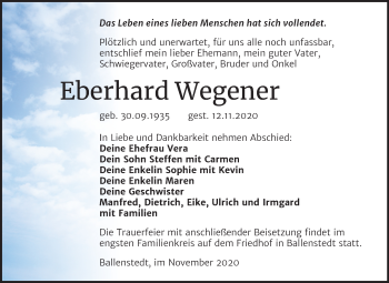 Traueranzeige von Eberhard Wegener von Super Sonntag Quedlinburg