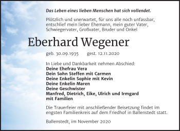 Traueranzeige von Eberhard Wegener von Mitteldeutsche Zeitung Quedlinburg