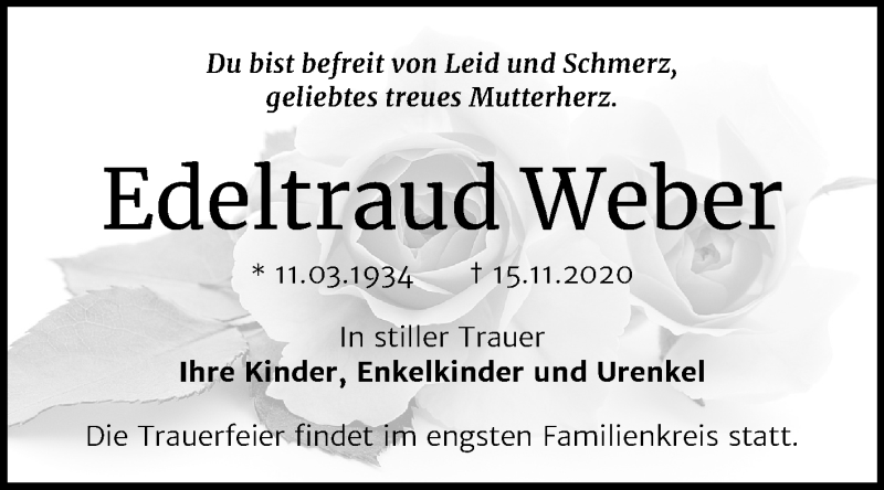  Traueranzeige für Edeltraud Weber vom 21.11.2020 aus Mitteldeutsche Zeitung Bernburg
