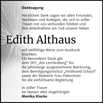 Traueranzeige von Edith Althaus von Mitteldeutsche Zeitung Wittenberg