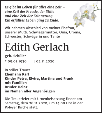 Traueranzeige von Edith Gerlach von Super Sonntag Bernburg