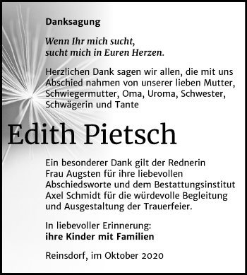Traueranzeige von Edith Pietsch von Wochenspiegel Naumburg/Nebra