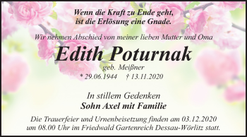 Traueranzeige von Edith Poturnak von Mitteldeutsche Zeitung Dessau-Roßlau