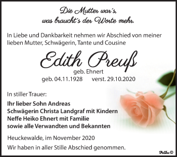 Traueranzeige von Edith Preuß von Mitteldeutsche Zeitung Zeitz