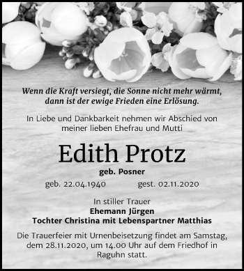 Traueranzeige von Edith Protz von Wochenspiegel Bitterfeld