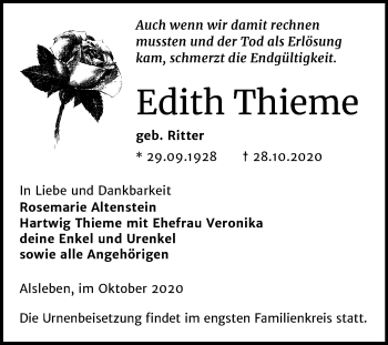 Traueranzeige von Edith Thieme von Super Sonntag Bernburg