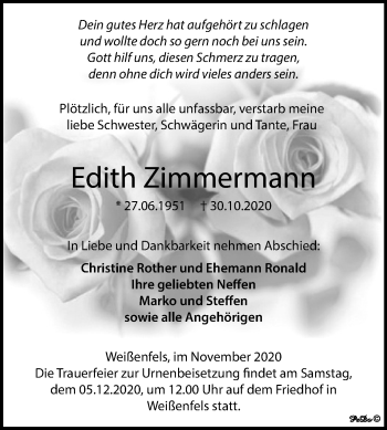 Traueranzeige von Edith Zimmermann von Wochenspiegel Weißenfels