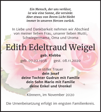 Traueranzeige von Edith Edeltraud Weigel von Super Sonntag Bernburg