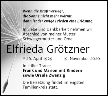 Traueranzeige von Elfrieda Grötzner von Mitteldeutsche Zeitung Halle/Saalkreis