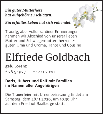 Traueranzeige von Elfriede Goldbach von Super Sonntag Bernburg