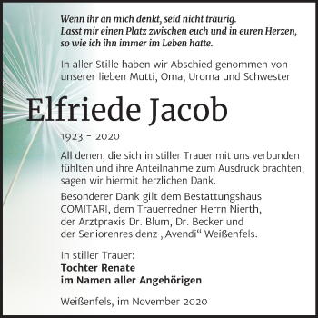Traueranzeige von Elfriede Jacob von Wochenspiegel Weißenfels