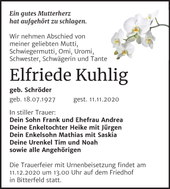Traueranzeige von Elfriede Kuhlig von Mitteldeutsche Zeitung Bitterfeld