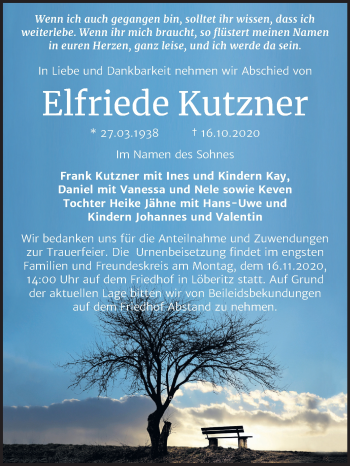 Traueranzeige von Elfriede Kutzner von Mitteldeutsche Zeitung Bitterfeld