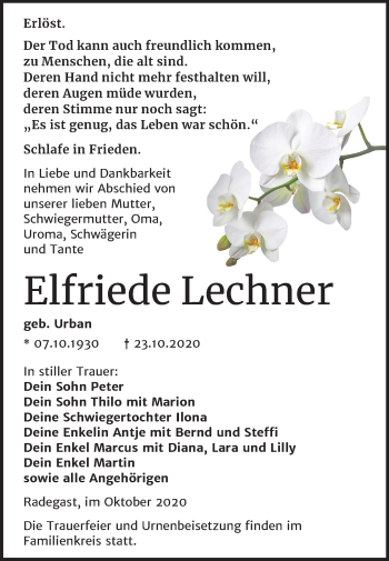 Traueranzeige von Elfriede Lechner von Mitteldeutsche Zeitung Köthen
