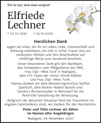 Traueranzeige von Elfriede Lechner von Mitteldeutsche Zeitung Köthen
