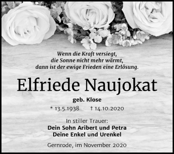 Traueranzeige von Elfriede Naujokat von Super Sonntag Quedlinburg