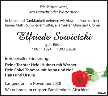 Traueranzeige von Elfriede Sowietzki von Wochenspiegel Weißenfels