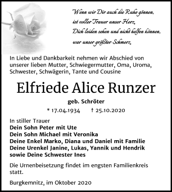 Traueranzeige von Elfriede Alice Runzer von Mitteldeutsche Zeitung Bitterfeld