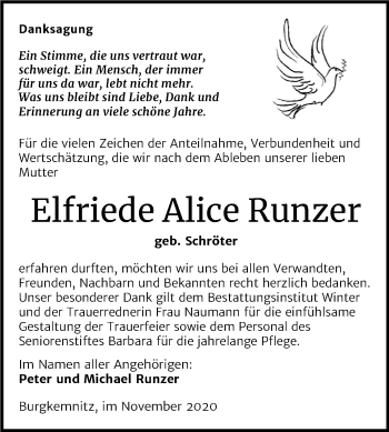 Traueranzeige von Elfriede Alice Runzer von Mitteldeutsche Zeitung Bitterfeld