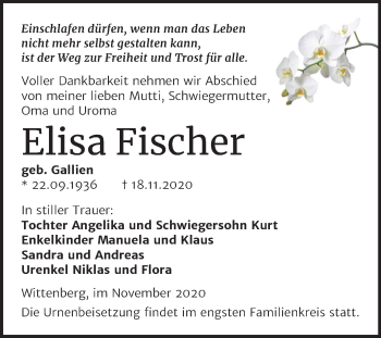 Traueranzeige von Elisa Fischer von Super Sonntag Wittenberg