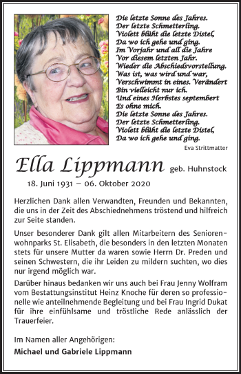 Traueranzeige von Ella Lippmann von Mitteldeutsche Zeitung Aschersleben